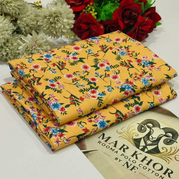 Mar Khorr Rooma Polo Cotton Fabric - Mustard Yellow with Floral Print