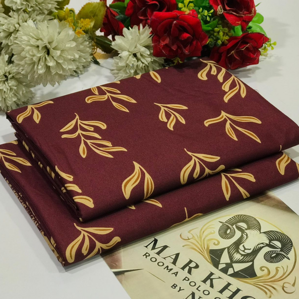 Mar Khorr Rooma Polo Cotton Fabric - Maroon with Yellow Leaf Print
