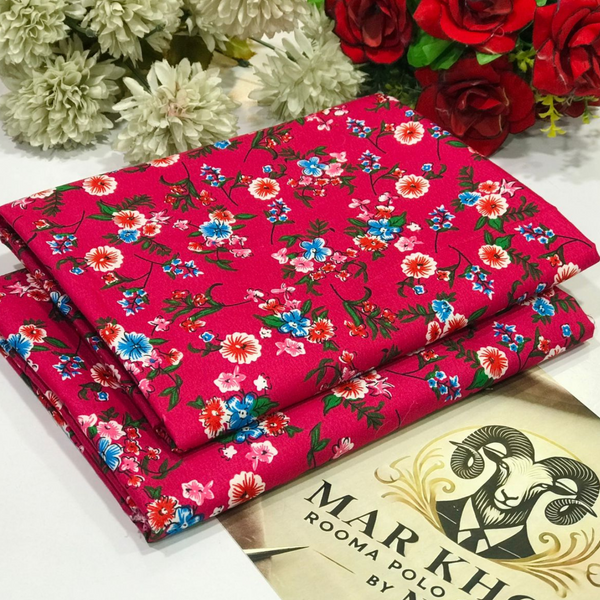 Mar Khorr Rooma Polo Cotton Fabric - Pink with Multicolor Floral Print