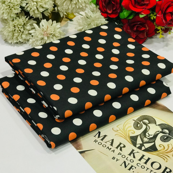 Mar Khorr Rooma Polo Cotton Fabric - Black with Orange and White Polka Dots