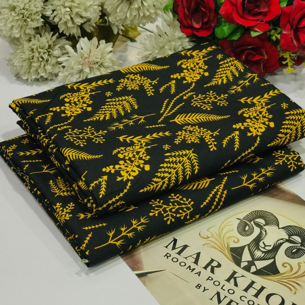 Mar Khorr Rooma Polo Cotton Fabric - Black with Mustard Leaf Print