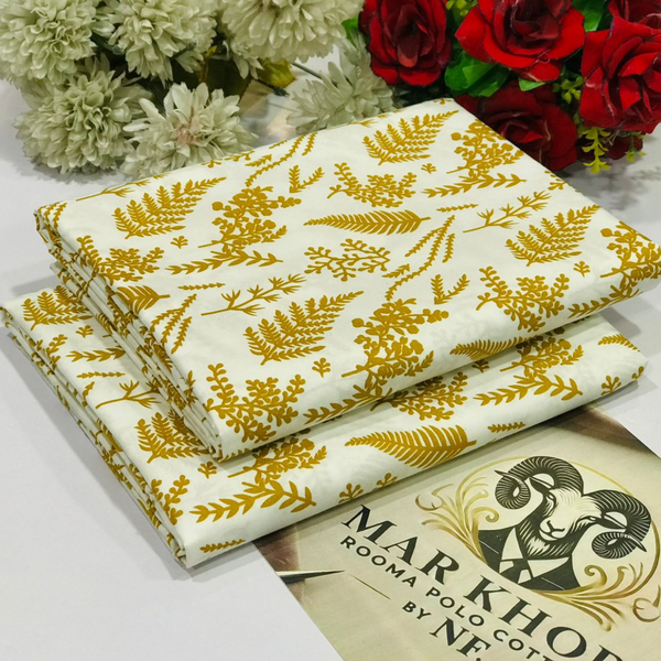Mar Khorr Rooma Polo Cotton Fabric - White with Mustard Leaf Print