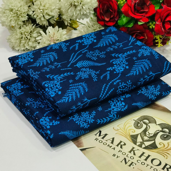 Mar Khorr Rooma Polo Cotton Fabric - Navy Blue with Light Blue Leaf Print