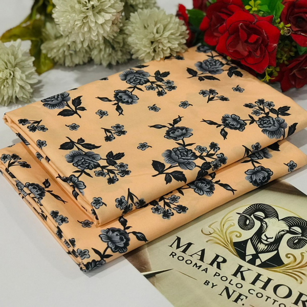 Mar Khorr Rooma Polo Cotton Fabric - Peach with Black Floral Print